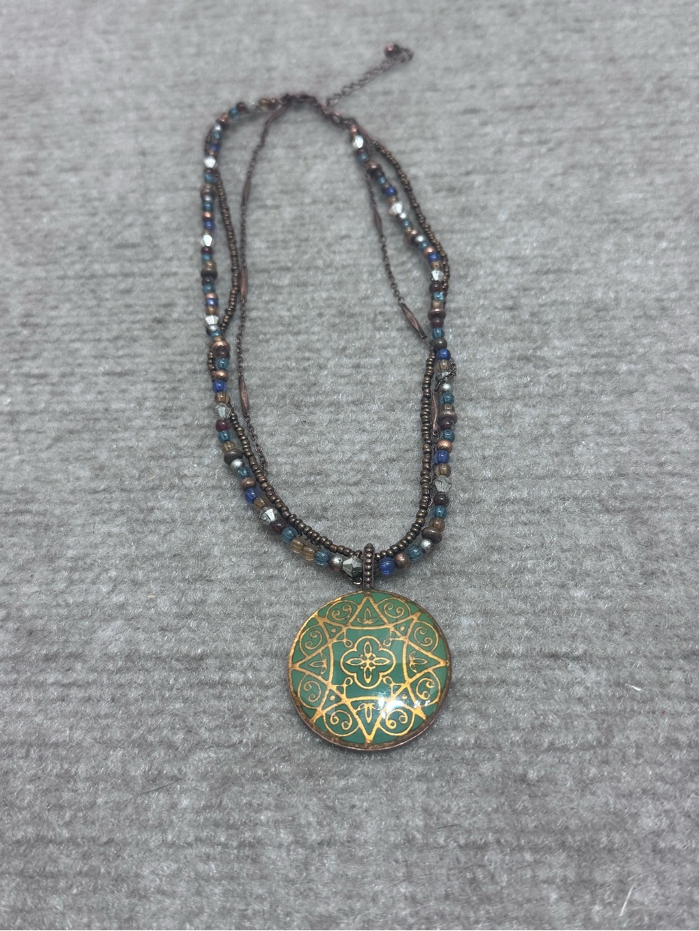 Vintage Nina Ricci Avon Earthy 3 Strand Necklace Reversible Green Enamel Pendant